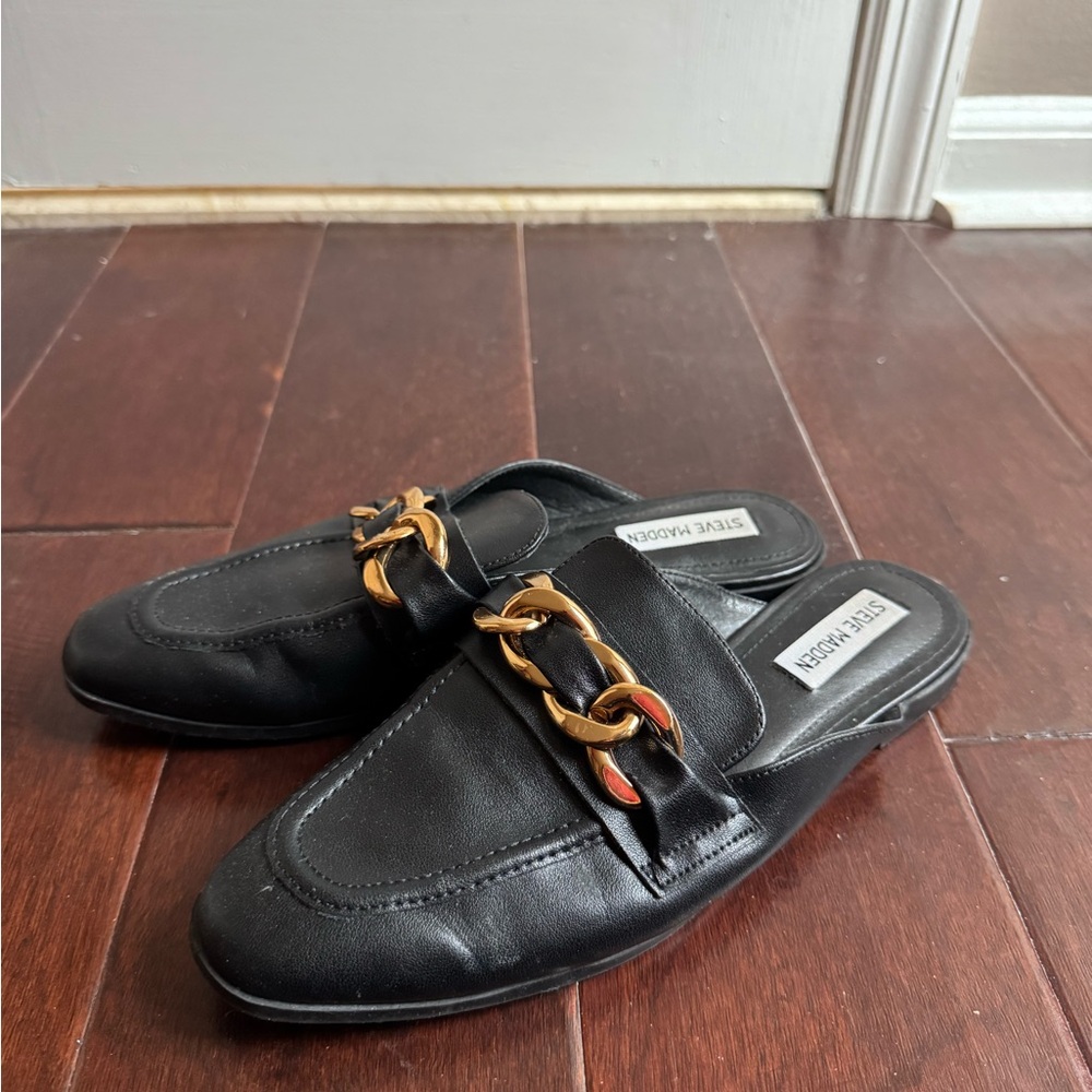 Steve Madden Black Loafers with Gold Chain Accent